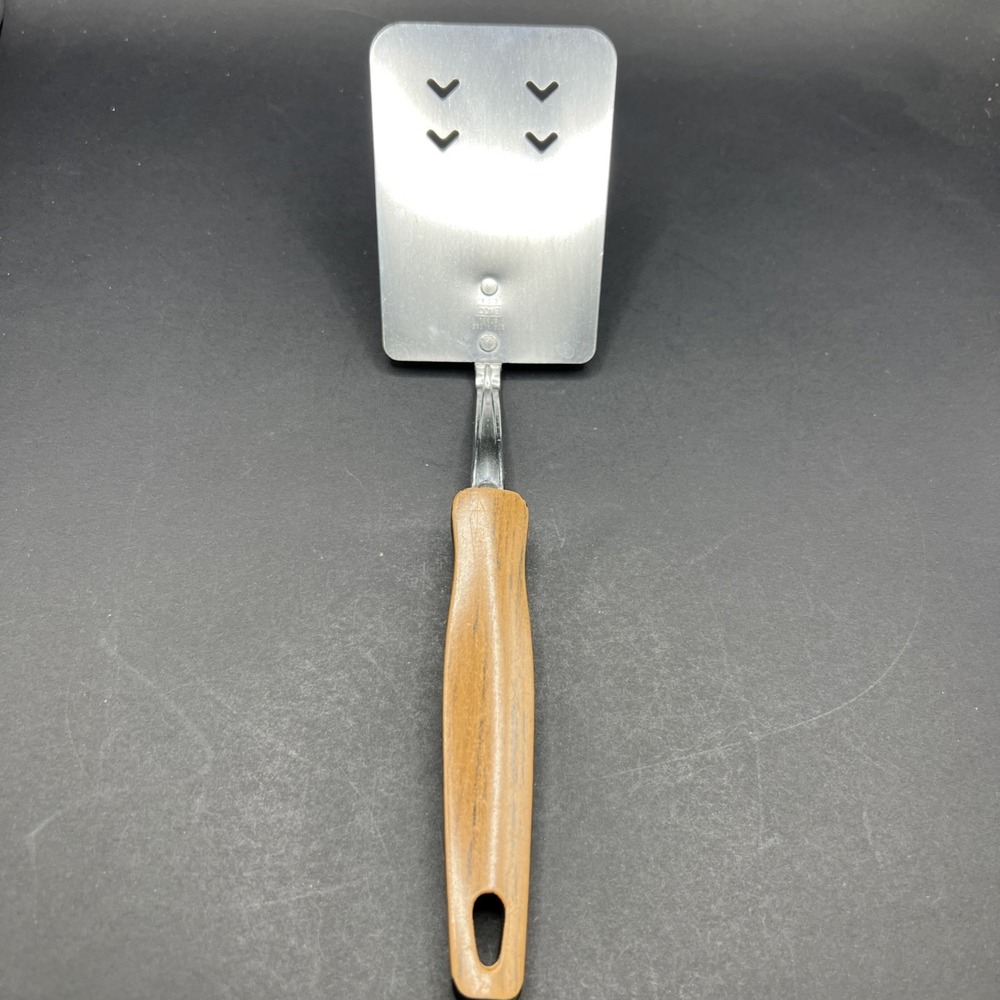Vintage MCM Faux Wood EKCO Heart Slotted Spatula Stainless Steel Made In USA 10"